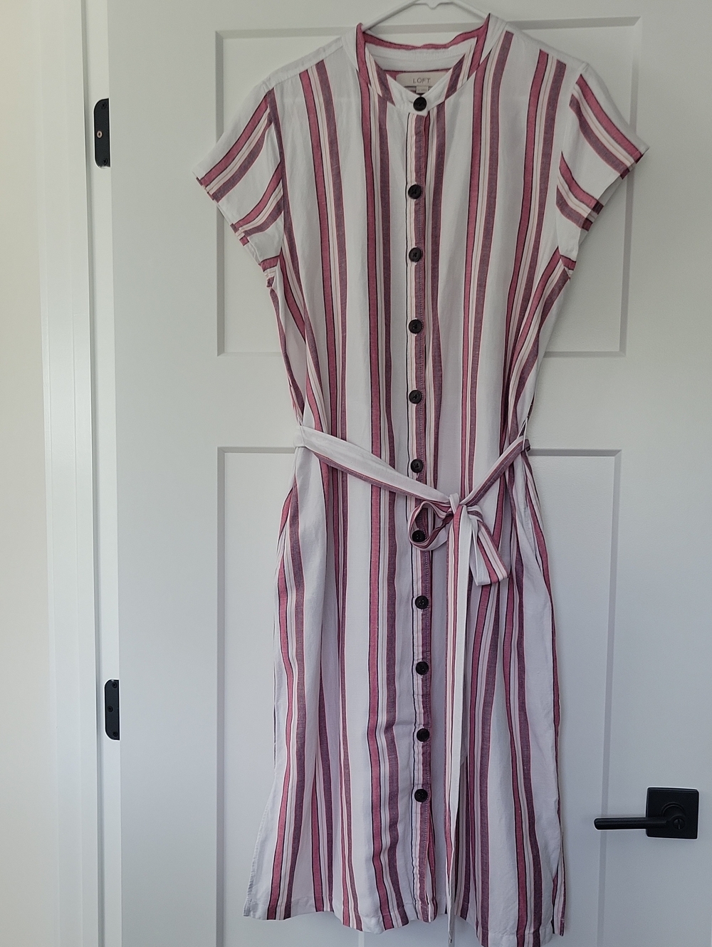 LOFT Linen Blend White and Red Vertical Stripe Midi Shirt Dress